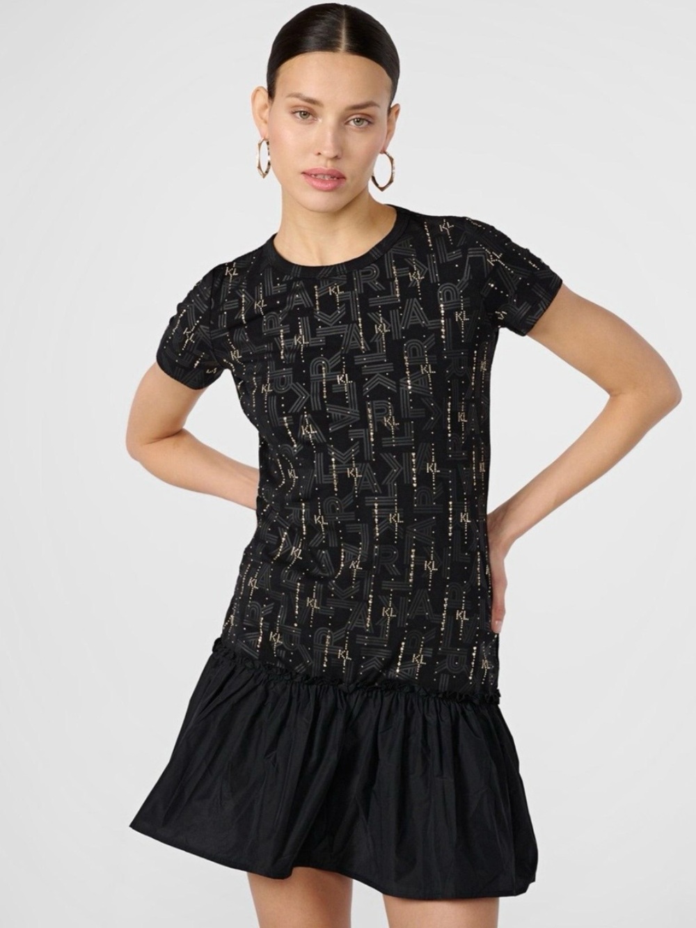 Karl Lagerfeld Womens Logo Printed Taffeta Ruffle Hem Sz Sm Black NWT